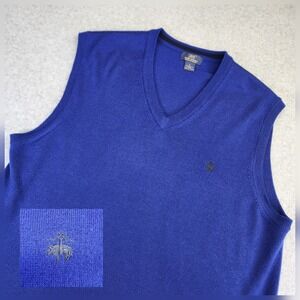 346 Brooks Brothers Men's Large V-Neck Vest 100% Merino‎ Wool Blue Logo Preppy